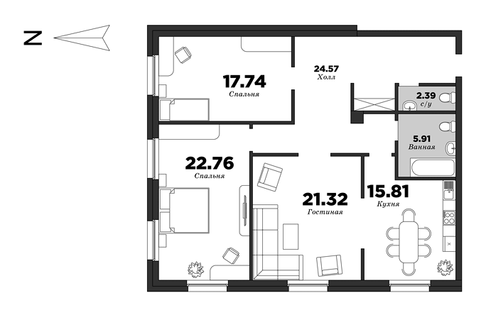 NEVA HAUS, 3 bedrooms, 110.5 m² | planning of elite apartments in St. Petersburg | М16